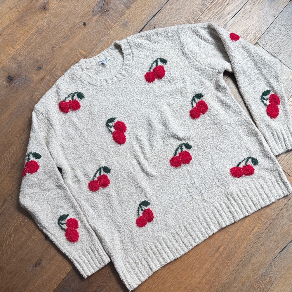 Splendid Beige Sweater with Red Cherry Design. Oversized and super soft